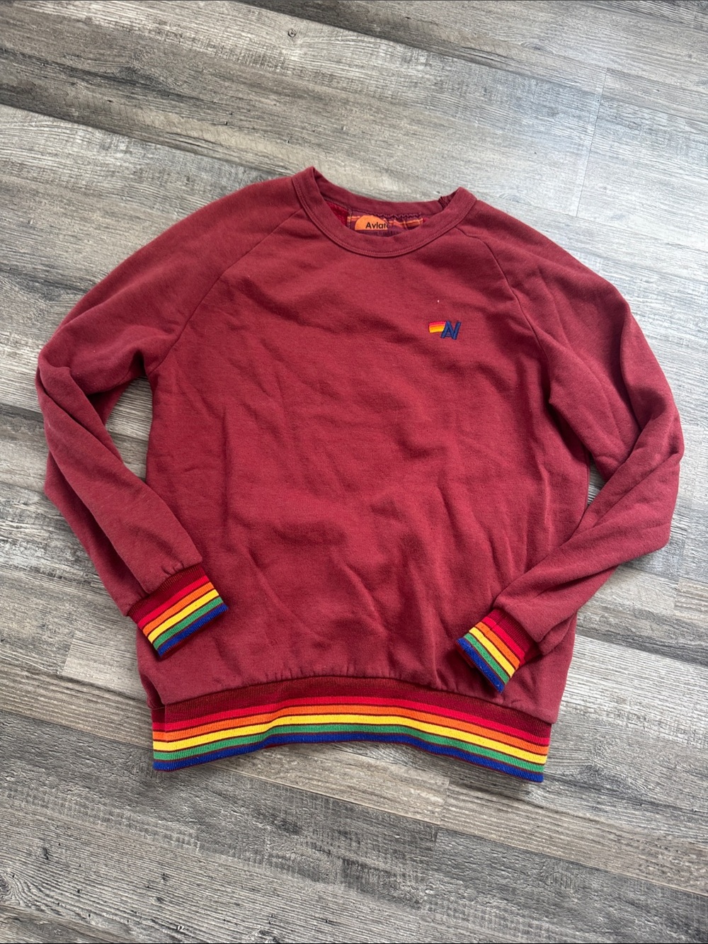 Aviator Nation burgandy sweatshirt with rainbow cuff sz small